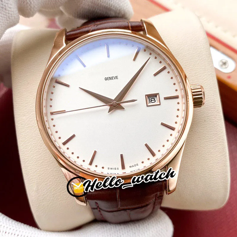 Nuovo Calatrava Cassa in oro rosa 5227 5227R-001 A2813 Orologio da uomo automatico Data Quadrante bianco Cinturino in pelle marrone Orologi da uomo Hello_Watch HWPP