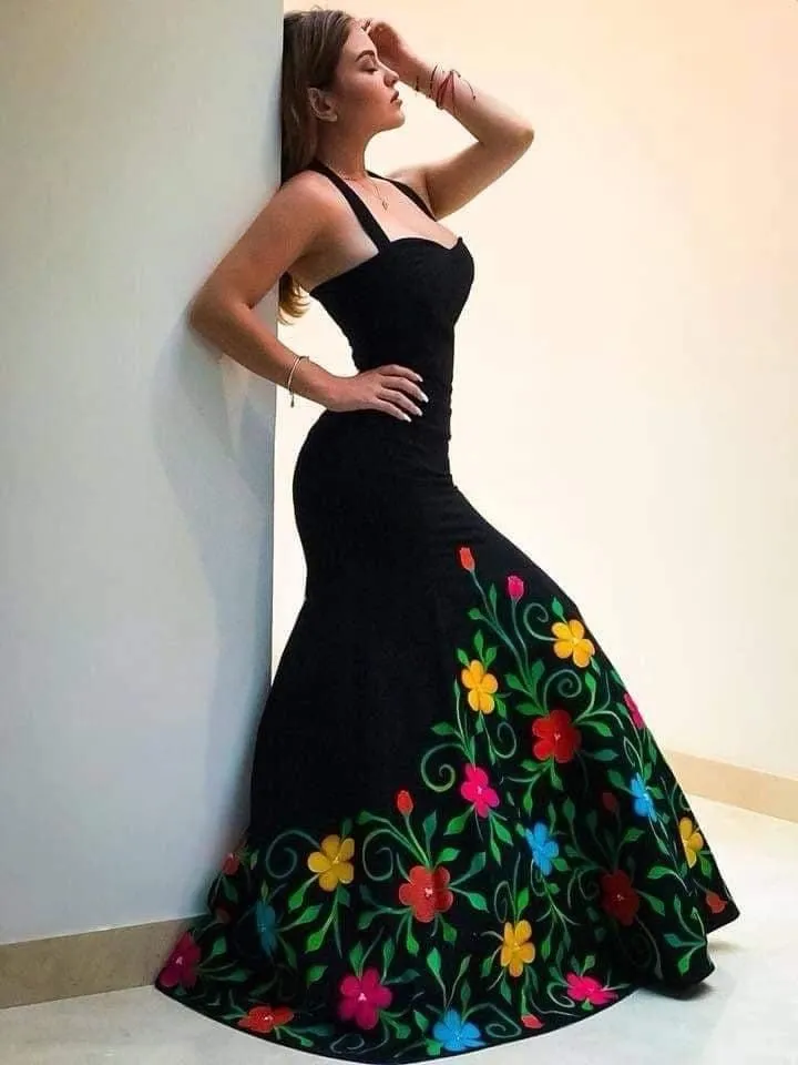 Halter Colorful Floral Embroidery Black Mermaid Prom Dress Vestido De Manta Artesanal Sweep Train