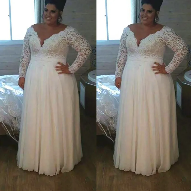 Taille Plus robes manches longues dentelle col en V en mousseline De soie longueur De plancher sur mesure pays robe De mariée robes De Novia estidos