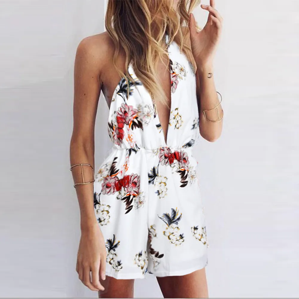 Floral Women's Shorts jumpsuits Sleeveless Halter Jumpsuit Women Summer 2020 Backless Playsuits Clothing female ropa mujer D30 T200704