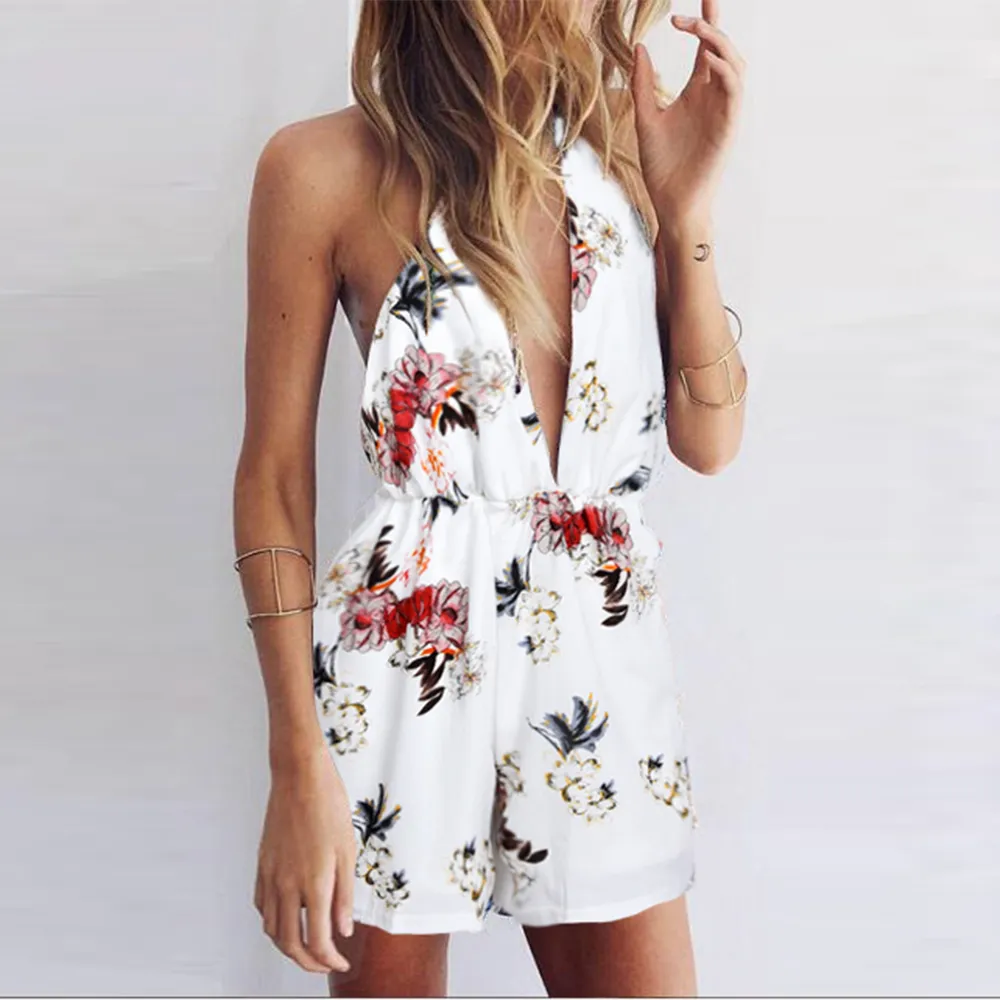 Floral Damen Shorts Jumpsuits ärmellose Halfter Overall Frauen Sommer 2020 rückenfreie Playsuits Kleidung weibliche Ropa Mujer D30 T200704