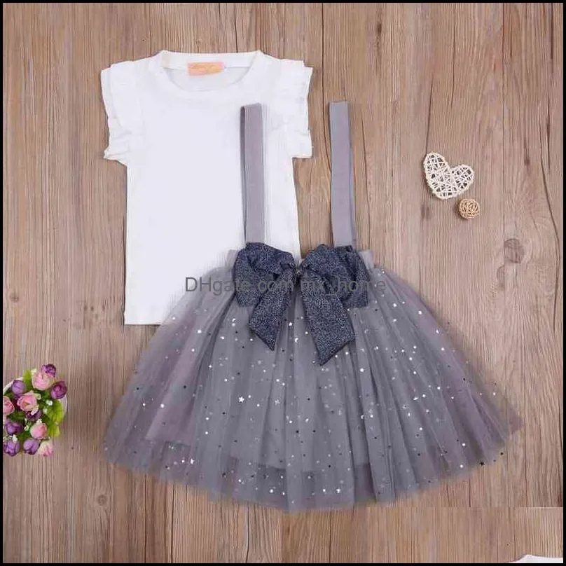 Summer Kids Baby Girls Clothes Sets Short Sleeve Solid T Shirts Bling Lace Tutu Overalls Skirts 2-8y