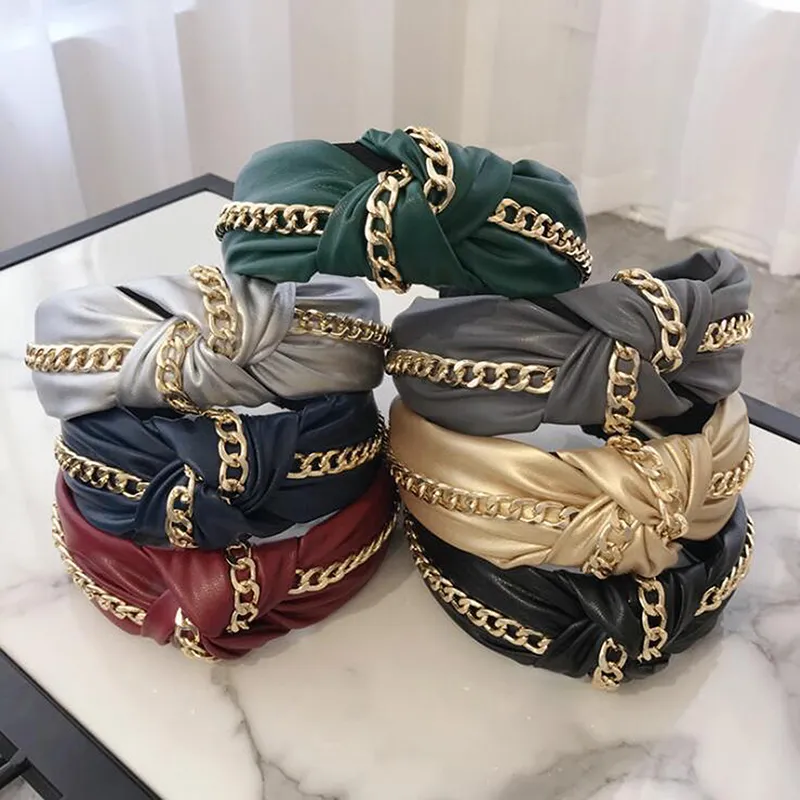 New Fashion High Quality PU Leather Hairband Wide Side Headband Women Shining Gold Chain Headwear Casual Hair Accessories