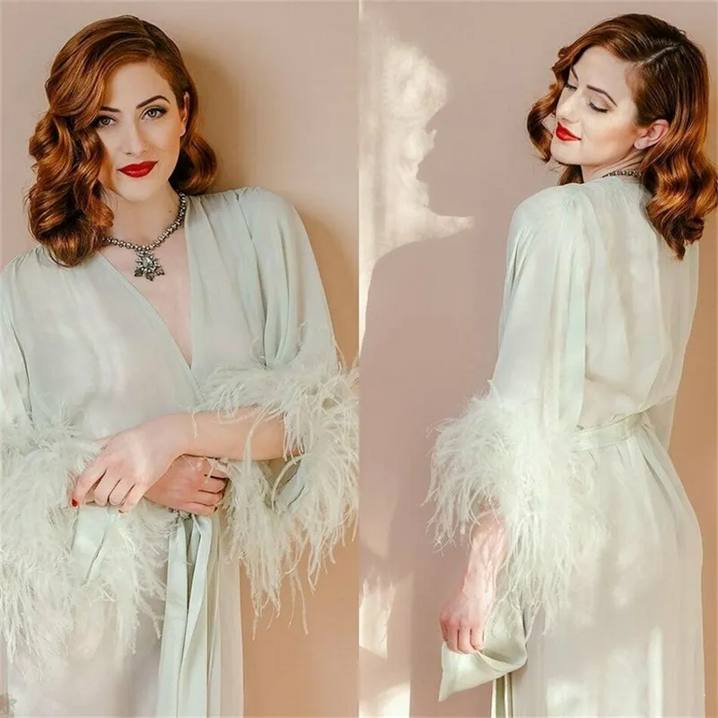 Ostrich Feather Night Gown Ruched Chiffon Bride Sleepwear Robes Chic V ...