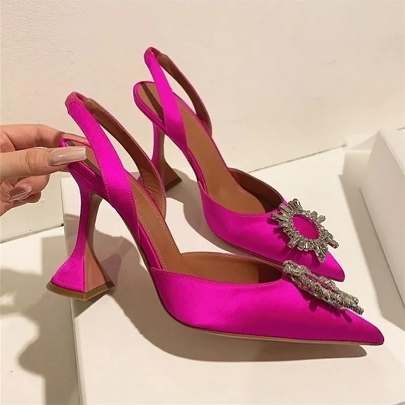Rose Pink S Sun Flower High Heel Slingback Woman Shoes Siate Toe Ins Crystal 220112