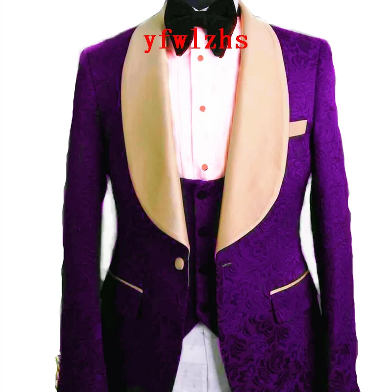 Ny stil prägling stilig sjal lapel brudgum tuxedos män passar bröllop / prom / middag bästa man blazer (jacka + byxor + slips + väst) w663