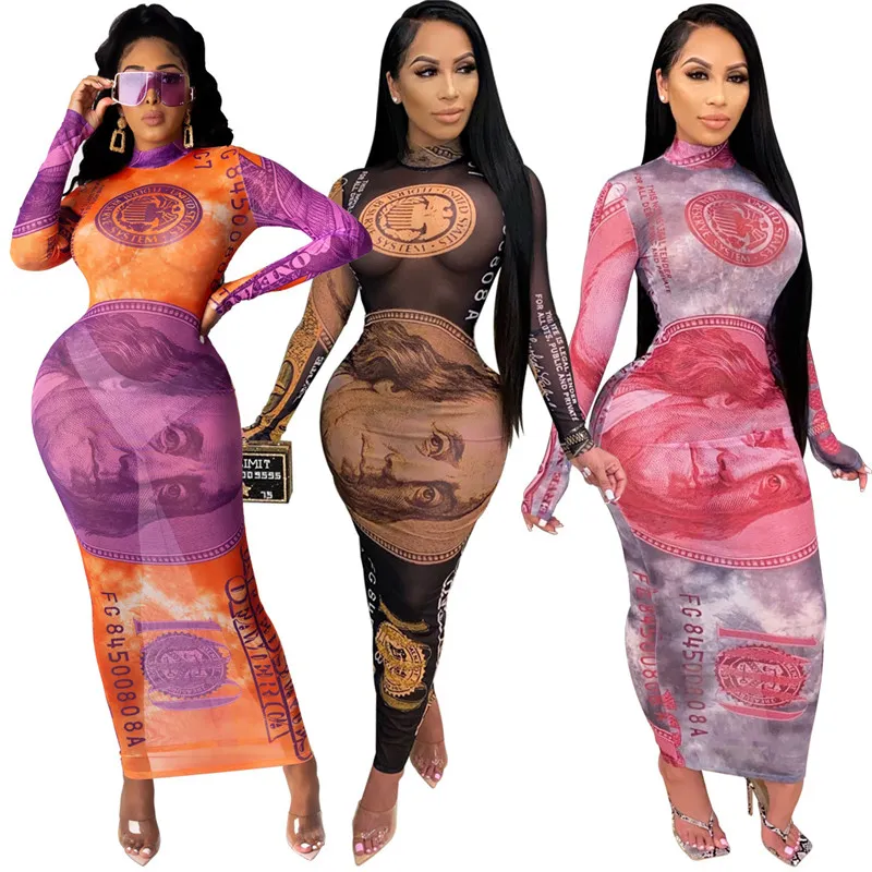 Bohemian Dresses Women Dollar Printed Mesh See-Through Sexy Dresses