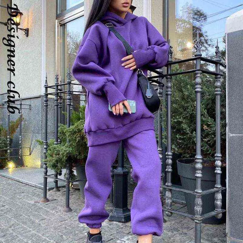 Kvinnors huva tröja set Autumn Overized Casual Long Sleeve Warm Pullover Tracksuit Female Fashion Two Piece Sets 220105