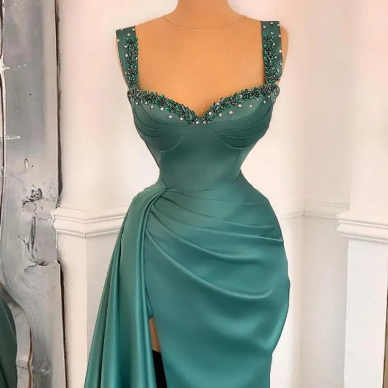 Erschwingliches grünes Abendkleid im Meerjungfrau-Stil 2021, Spaghetti-Träger, Satin, formelle Abend-Party-Kleider, seitlich geteilte Robe De Soiré