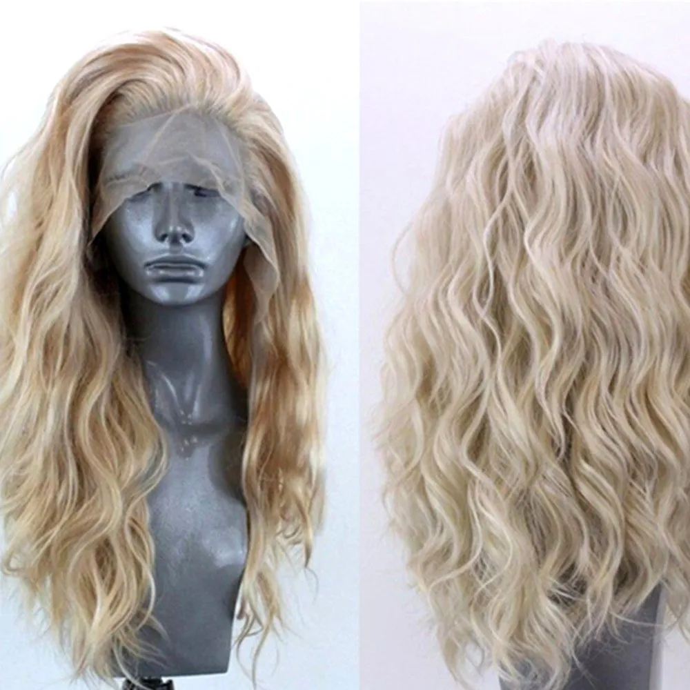 24 "Natural Wavy Wig Women Lady Golden Blonde Curly Spets Front Synthetic Hair
