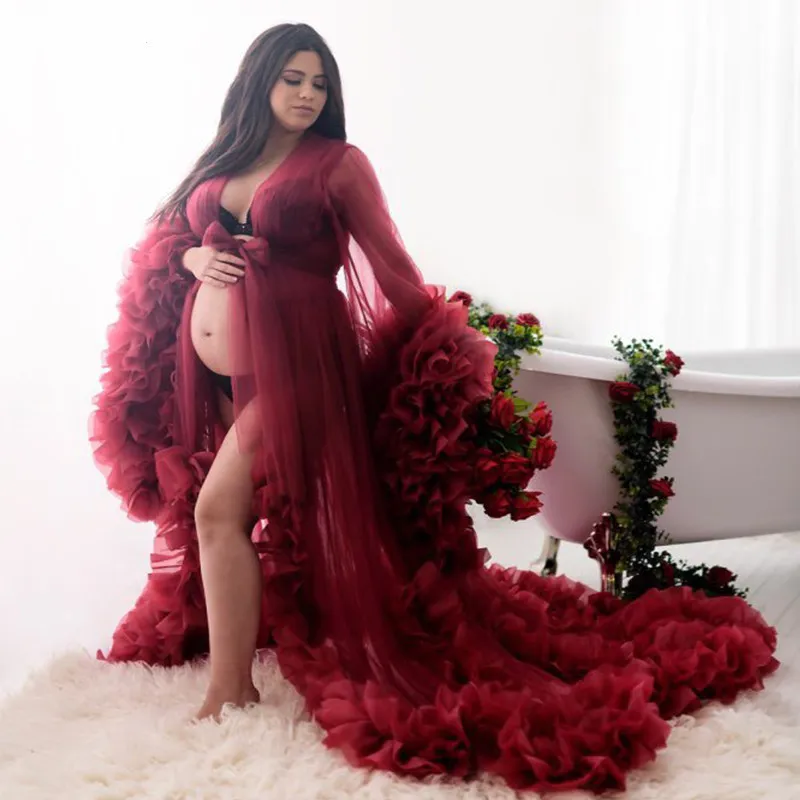 Luxury Beaded Floral Tulle Fluffy Pregnancy Dresses With Detachable Train  New Designer V Neck Puffy Maternity Gowns For Photogra - AliExpress