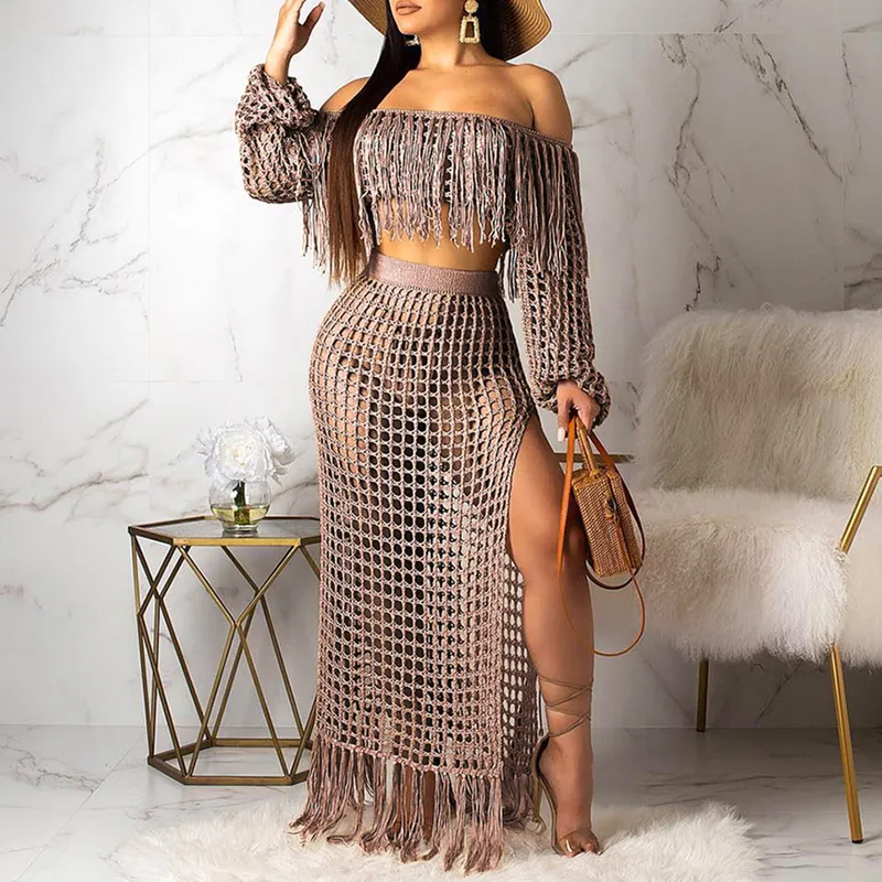 Summer Crochet Dress Set for Women - 2-Piece Crop Top & Skirt with Long  Sleeve Tassels and Slash Neck Knit Beachwear