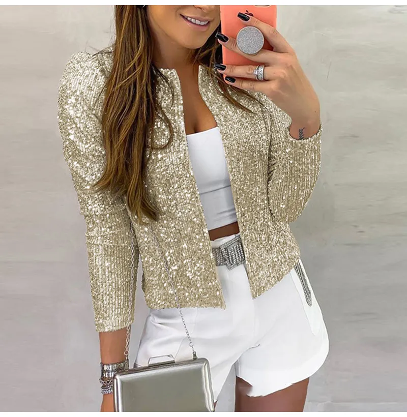 Korean Sequin Cropped Jackets Womens Summer S Black Coats Vogue Streetwear Female Shine Glitter Party Clothes for Women 201112