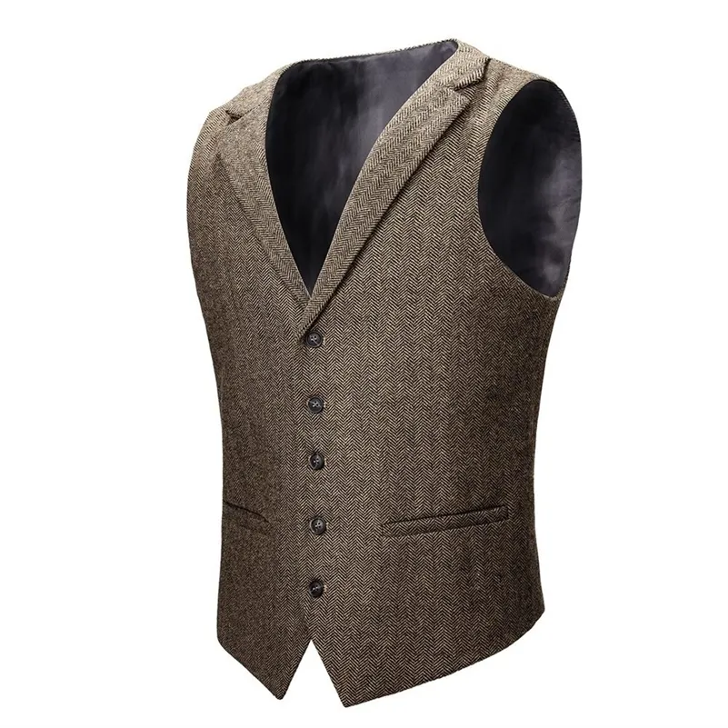 VOBOOM Woolen Tweed Weste Männer Anzug Weste Khaki Grau Herringbone Herren Kleid Westen Hochzeit Tailored Kragen 018 201106