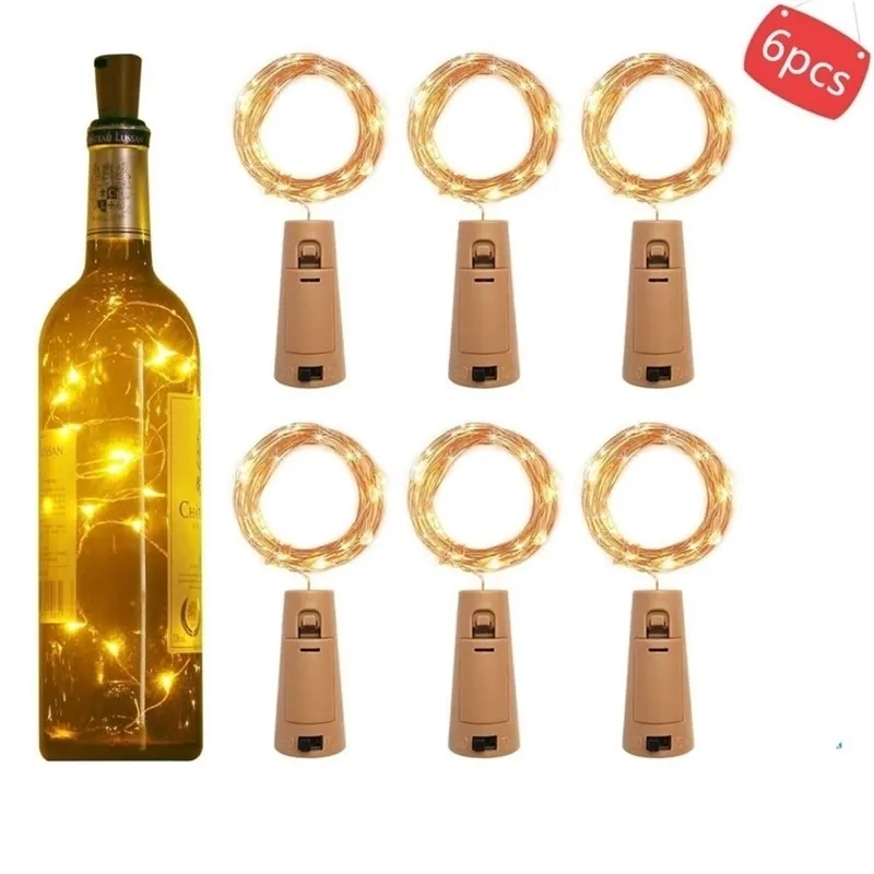 6pcs bouchon de bouteille de vin fil de cuivre 1m / 2m LED fée lanterne bar fête de Noël décoration lampe chaîne Y201020