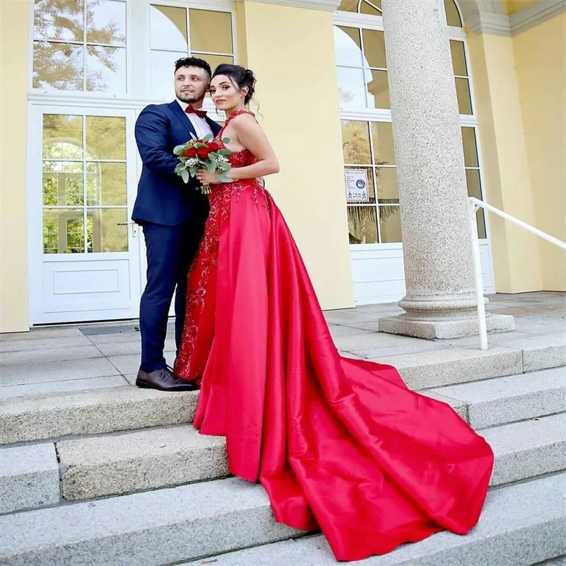Red Mermaid Overskirt Wedding Dress with Detachable Train - High Neck Bridal Gown with Beads and Applique - Custom Made in Dubai and Arabia