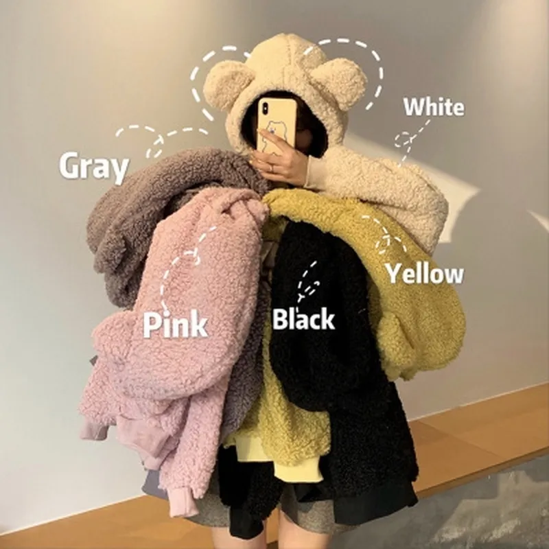 Qrwr mulheres hoodie estilo coreano inverno casual cute kawaii quente moletom frouxo bolso feminino hoodies grandes para meninas 201112