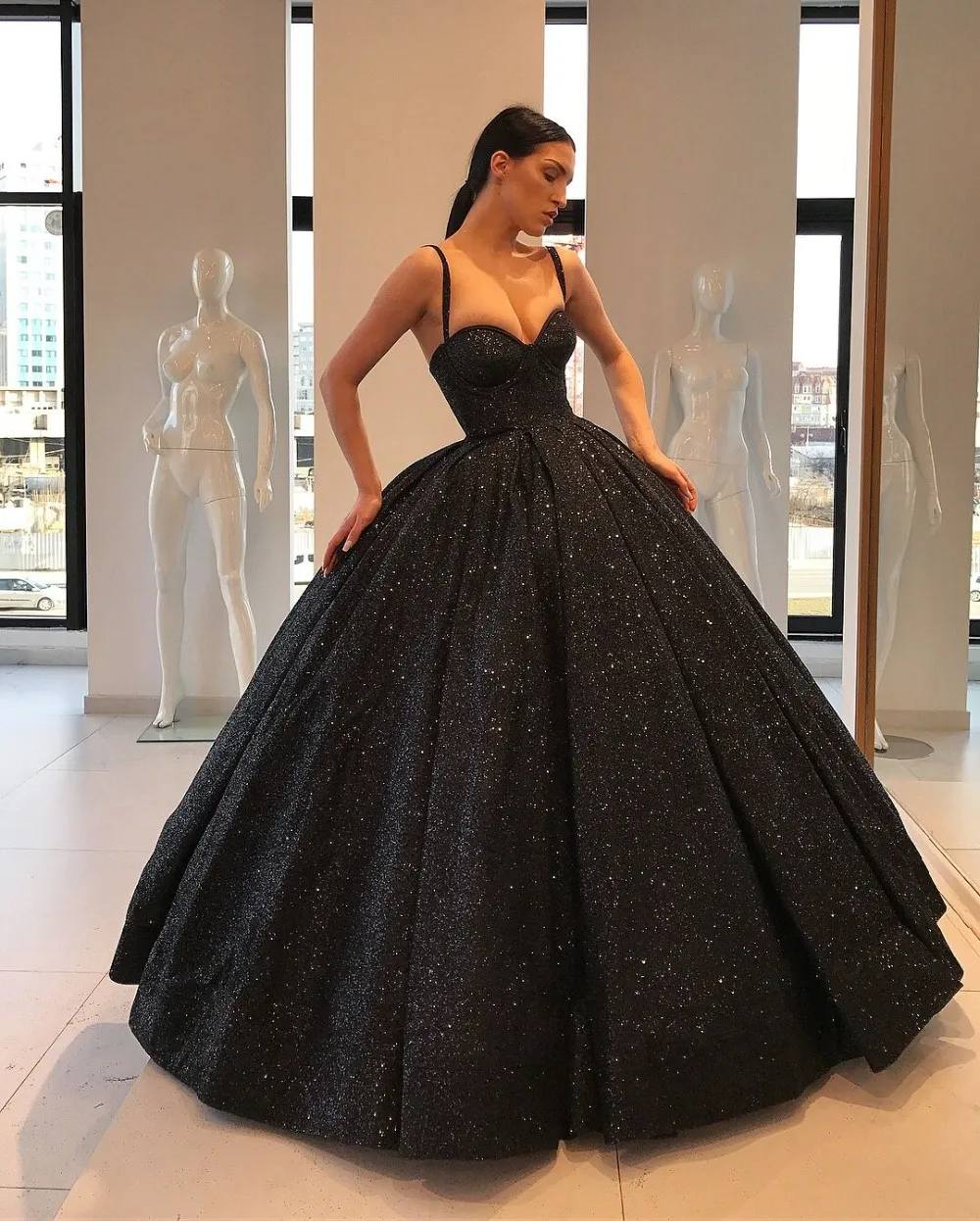 Amazing Ball Gown Spaghetti Straps Black Lace Long Prom Dress Princess –  Simibridaldresses