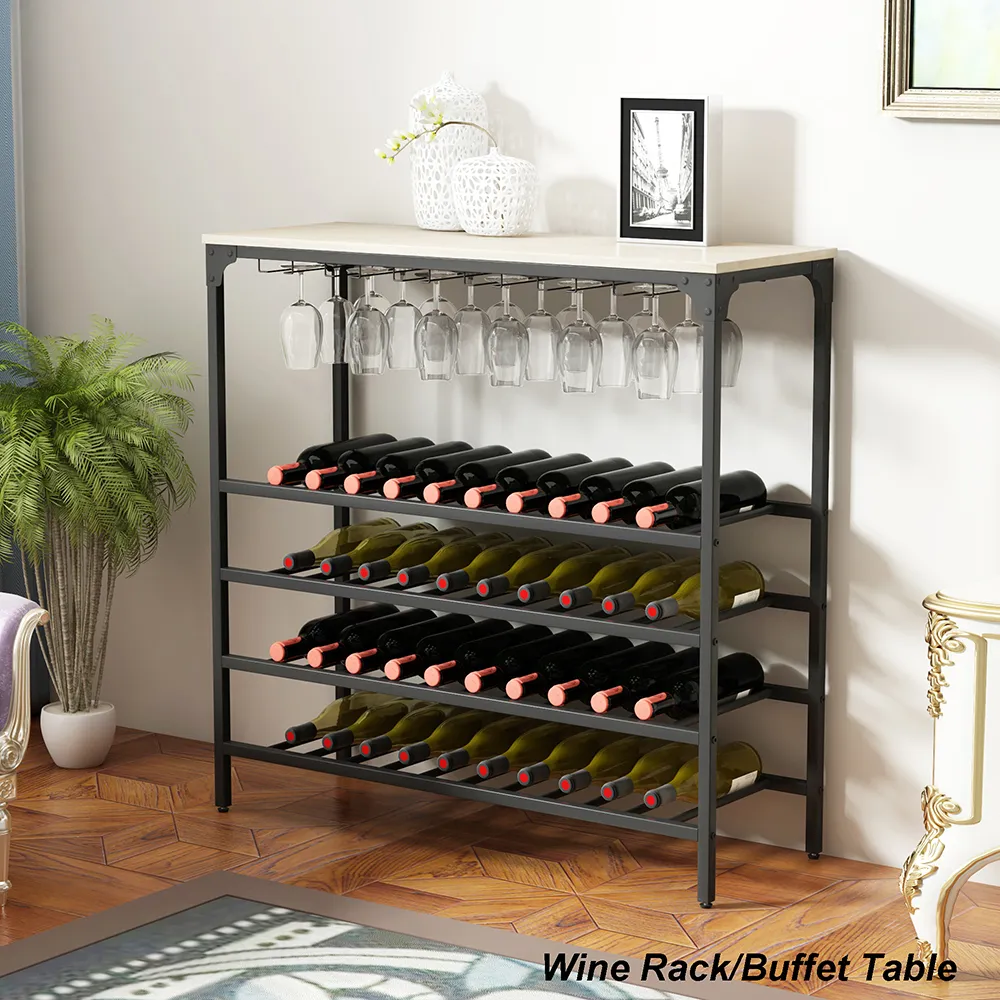 Topmax rustiek 40 flessen keuken eetkamer metalen vloer gratis staande wijnrek tafel met glazen houders, 5-tier wijnfles organizer planken lichtbruin