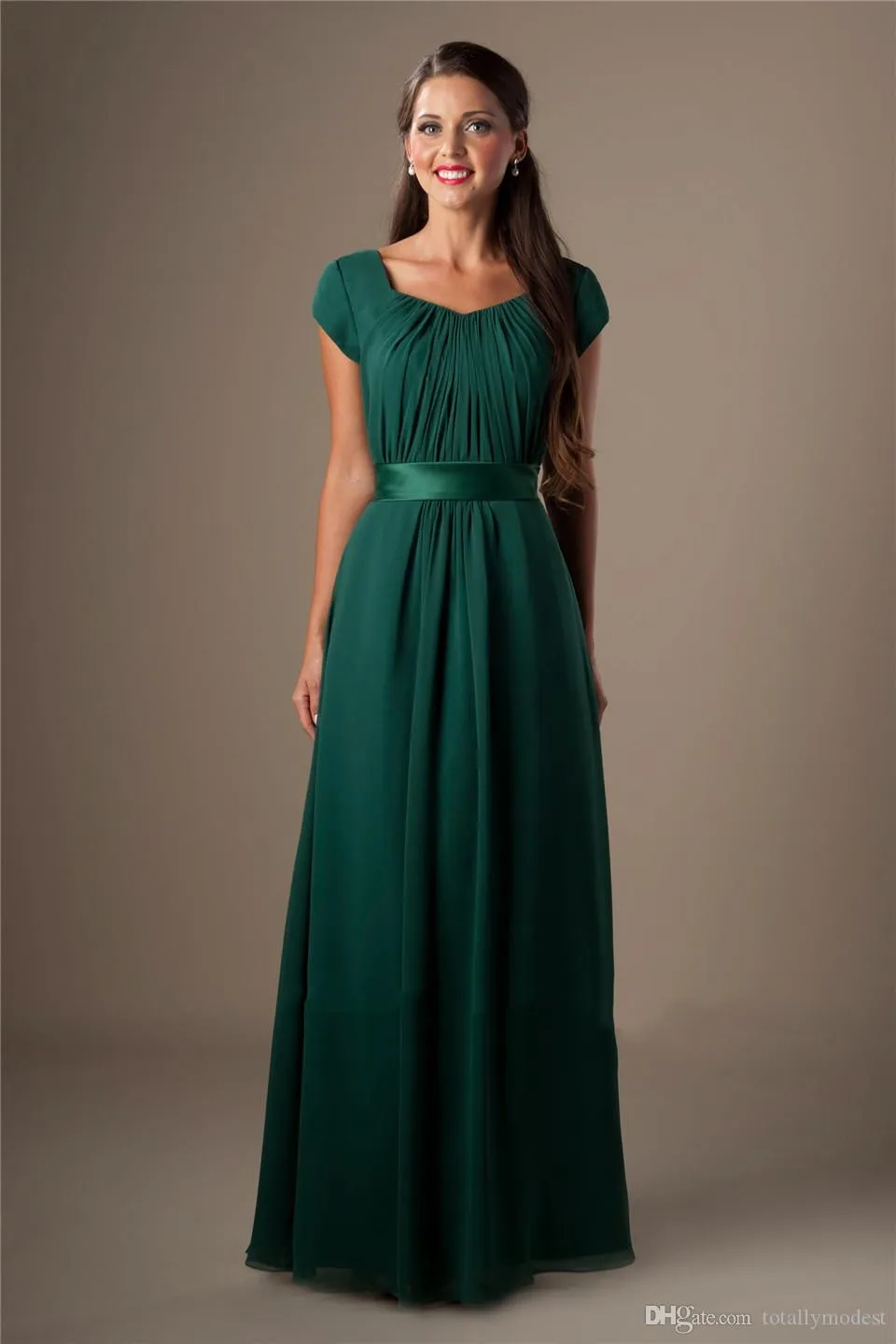 Green Chiffon Long A-Line Bridesmaid Dress with Short Sleeves and Zipper  Back for Temple Weddings from Dhgate Bridesmaid Dress - price 74.31