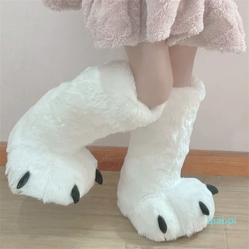 Cute Plush Bear White Paw Long Tube Cotton Shoes Couple Indoor Winter Home Warm Cartoon Non-Slip Designer Furry Slippers 2022