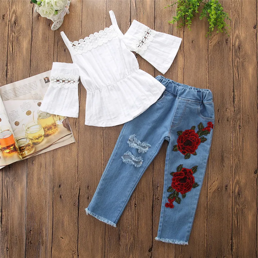 Kids Summer Children Clothing Girls Clothes Set White Strapless Hollow Out T-Shirt + Hole Rose Jeans Baby Girls Clothing Set Set
