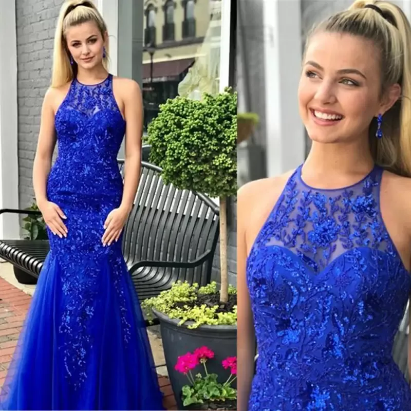 Blue Prom Royal Dresses Lace Applique Sequins Jewel Neck Floor Length Ruched Pleats Custom Made Evening Party Gowns Plus Size Vestidos