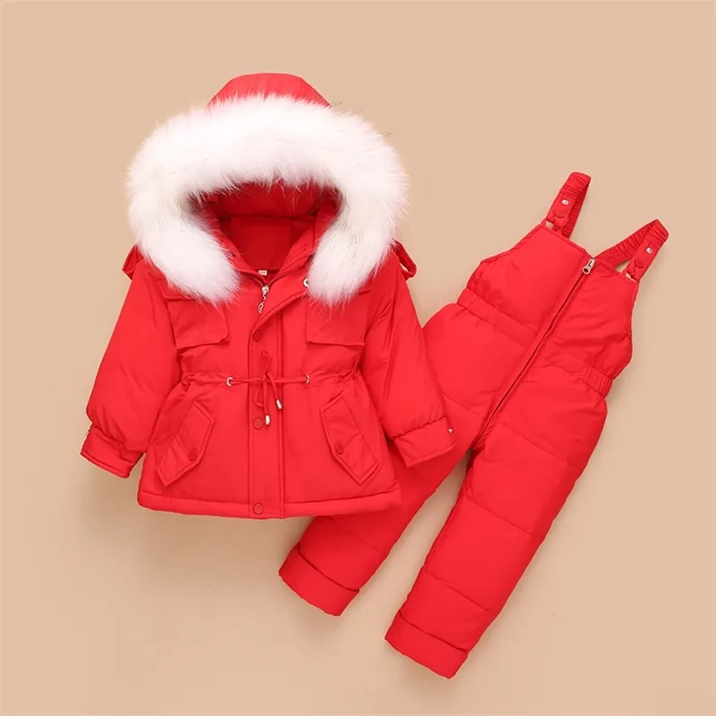 Barn snöar Vinter -30 grader Vit Duck Down Jacket för tjejer Jumpsuit Baby Boy Parka Coat Toddler Kläder uppsättning Overall LJ201125