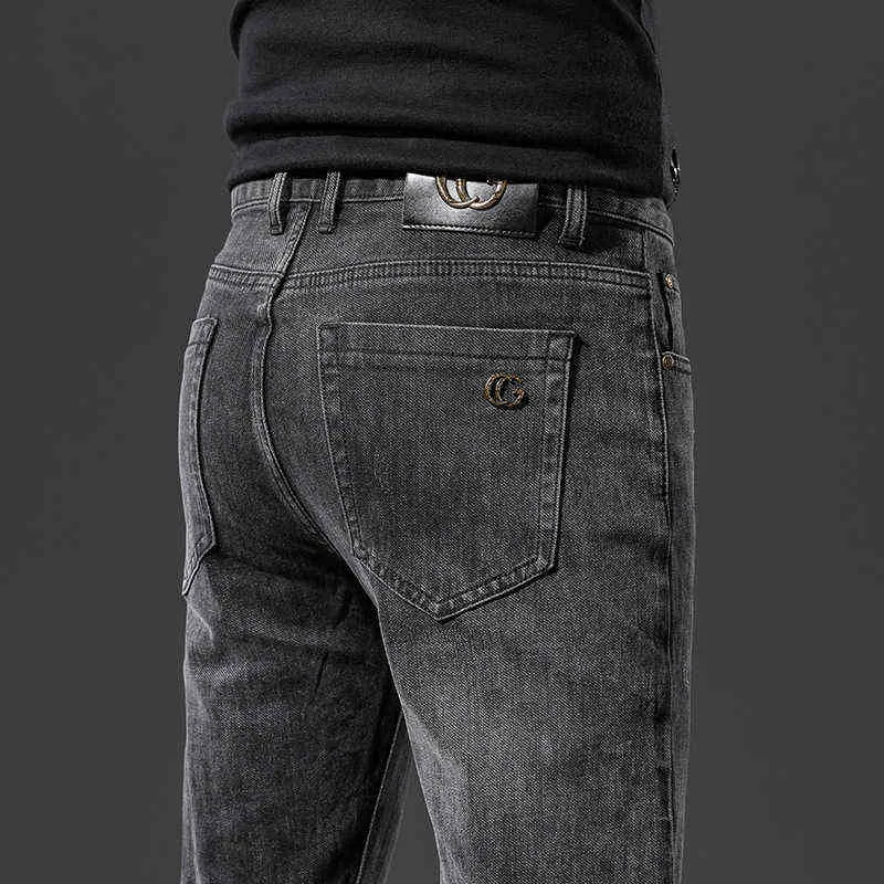 g Double Straight Märke Mäns Slitage Koreanska Jeans Slim Fit Småfot Trend Mörkgrå Bomull Elastiska Byxor