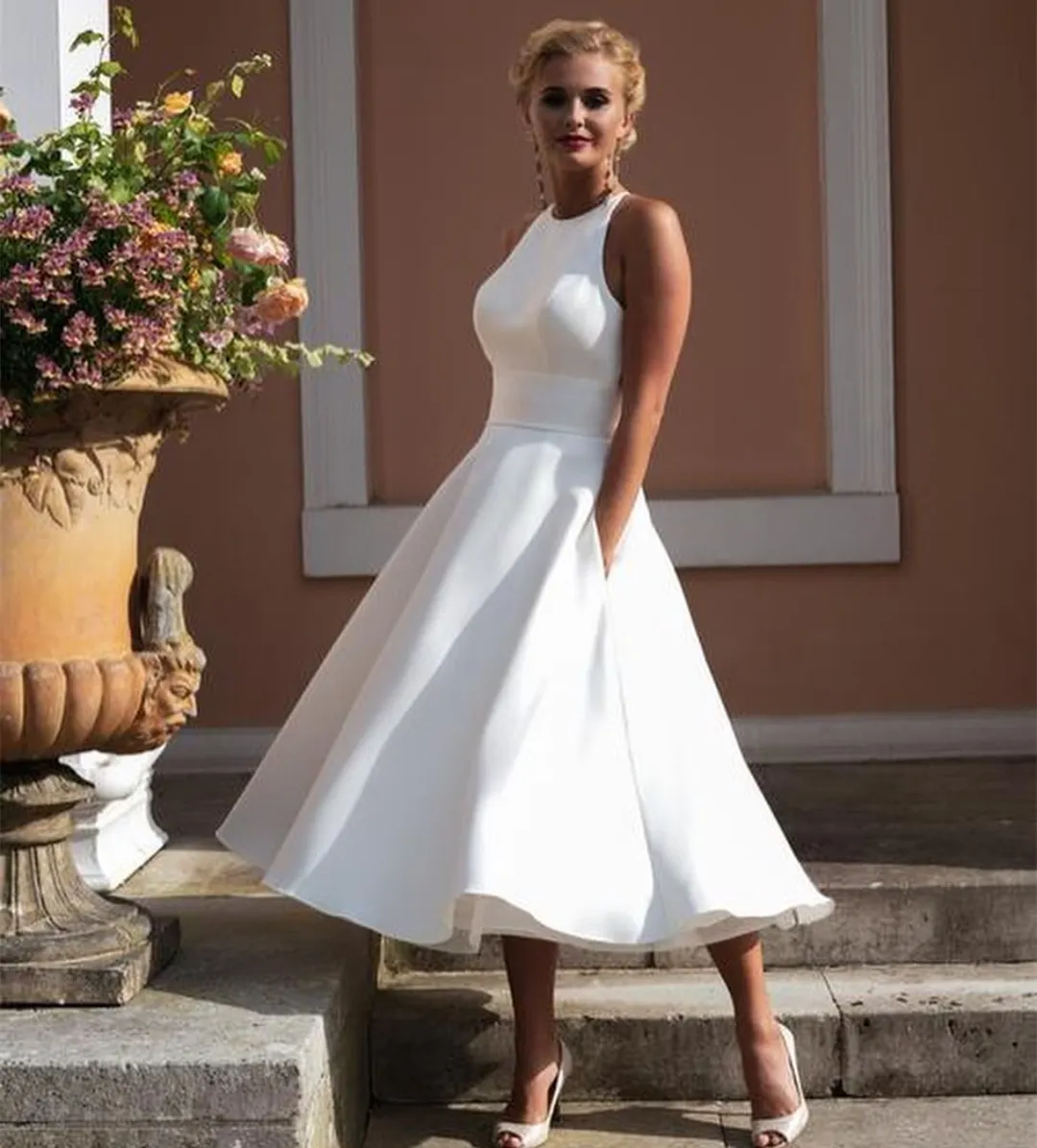 White Knee Length Tea Length Wedding Dress With Pocket Customizable O Neck A Line Bridal Gown At An Affordable Price From Donnaweddingdress12 72.25 DHgate.Com