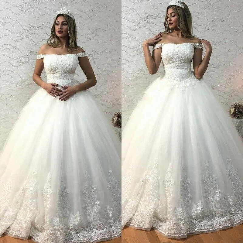 Eleganta bollklänningar från axelremmarna Lace Applique Sweep Train Pärled Custom Made Plus Size Wedding Gown Vestidos 403