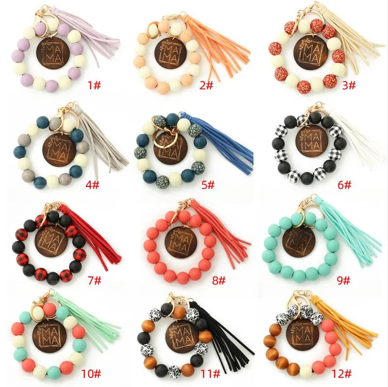 Drewniana Bransoletka Koralika Biżuteria Lampart Drukuj Ręcznie Zroszony Spot Drewno Koralik Bransoletki Handmade Tassel Key Pierścień Bransoletka Bransoletki Wisiorek Torba Akcesoria BA7959