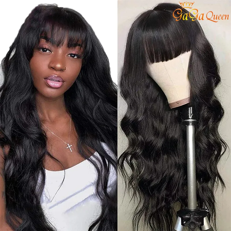 Body Wave Full Machine Made Wig med Bangs Ingen spetsig peruk med Bang Natural Svart Brasilianska Human Hair Wigs With Bangs