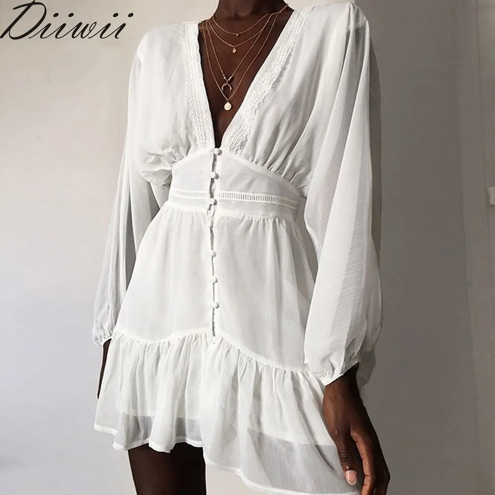 Diiwii Frauen Sexy Plunge V-Ausschnitt Sommerkleid Weiße Spitze Langarm Mini Partykleid Herbst Rüschen Elegante Kleidung Damen 201204