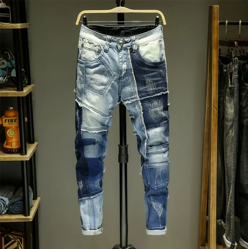Мужские спортивные костюмы Индивидуальные синие мужские джинсовые комплекты Разноцветные сращенные свободные джинсовые комплекты из двух частей Однобортные куртки с длинными рукавами и брюки в полный рост