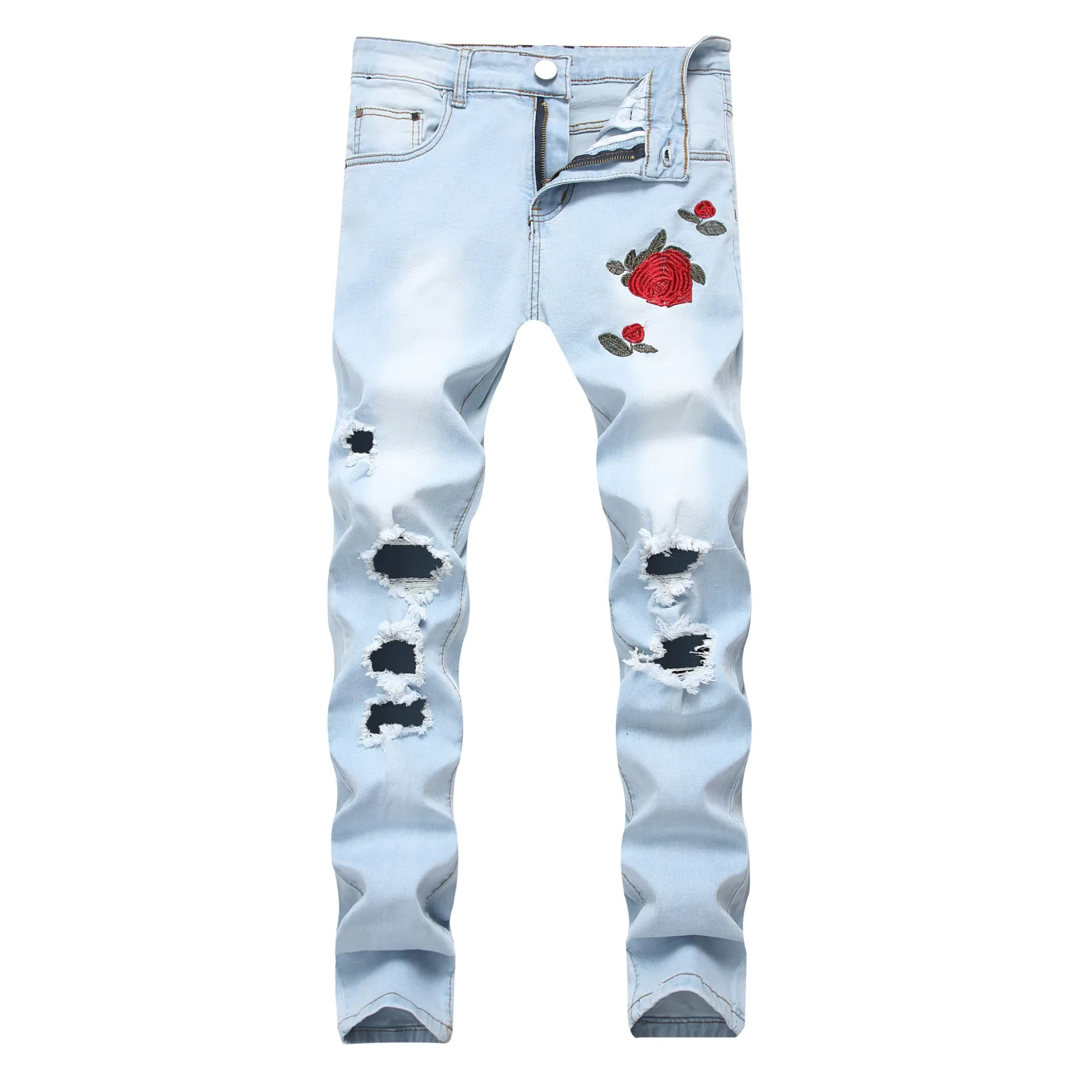 GODLIKEU Jean brodé pour homme Pantalon en denim déchiré bleu clair Skinny Grande taille Pantalon extensible