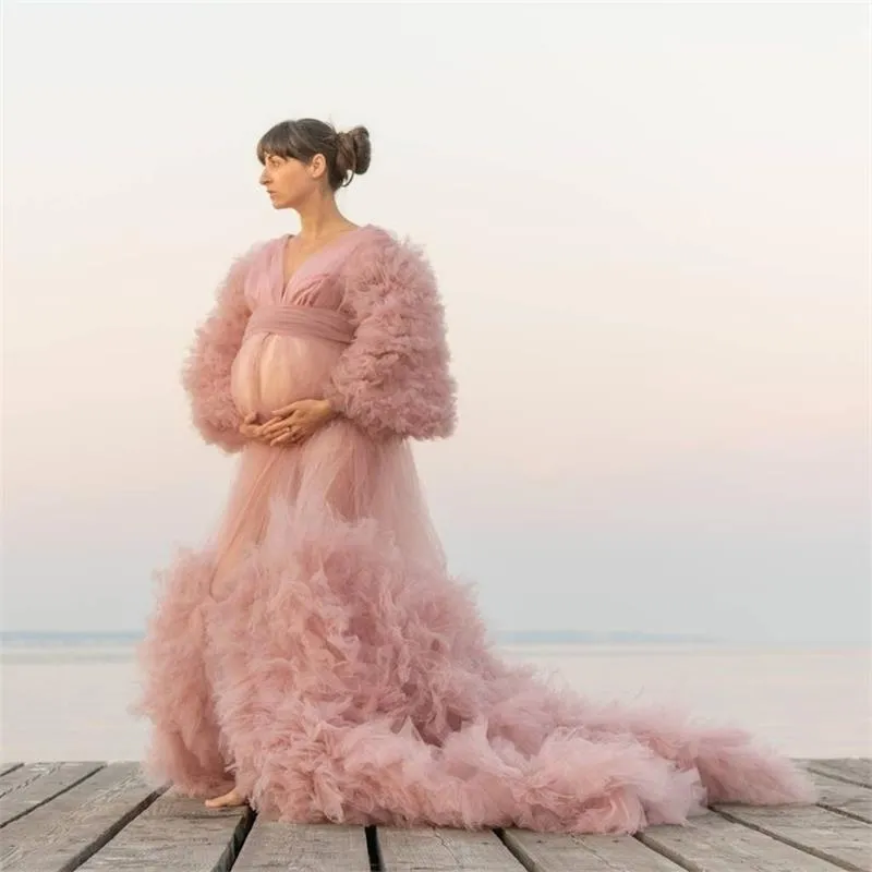 Dust Pink vestidos de graduación 2022 tul vestido de mujer embarazada de gran tamaño con volantes de manga larga vestidos de maternidad para sesión de fotos