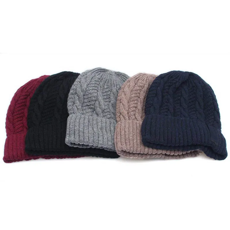 Chapeau d'hiver pour hommes, doublure en tricot torsadé épais, bonnet chaud en polaire, couleurs pures, Design avec Logo de marque, casquettes de crâne à la mode