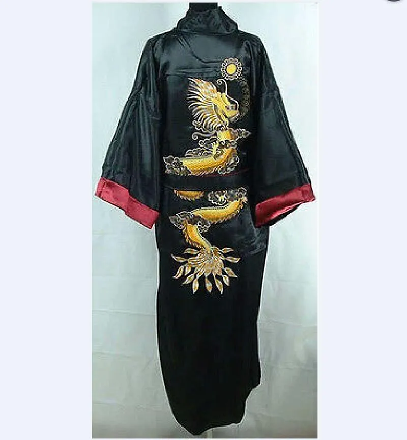 Robe masculino chinês dupla face de seda cetim dragão quimono vestido roupão de banho