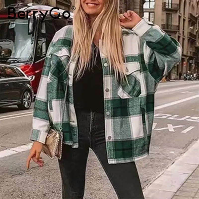 BerryGo Casual Plaid Shirt Frauen Tweed Mantel Knöpfe Taschen weibliche Jacke Mantel Streetwear Damen Frühling Mischung Mäntel Oberbekleidung 201112