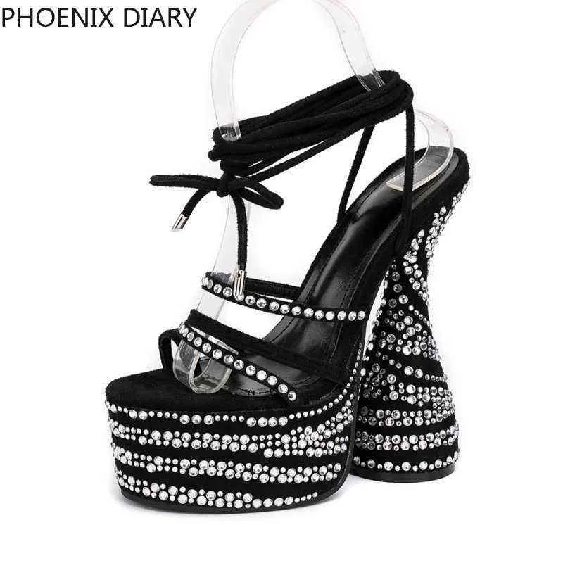 Sandels phoenix dagbok kvinnor s kristall coola diamant höga klackar sexiga striptease häl sandaler svart spets upp skor för kvinnor35 42 220303