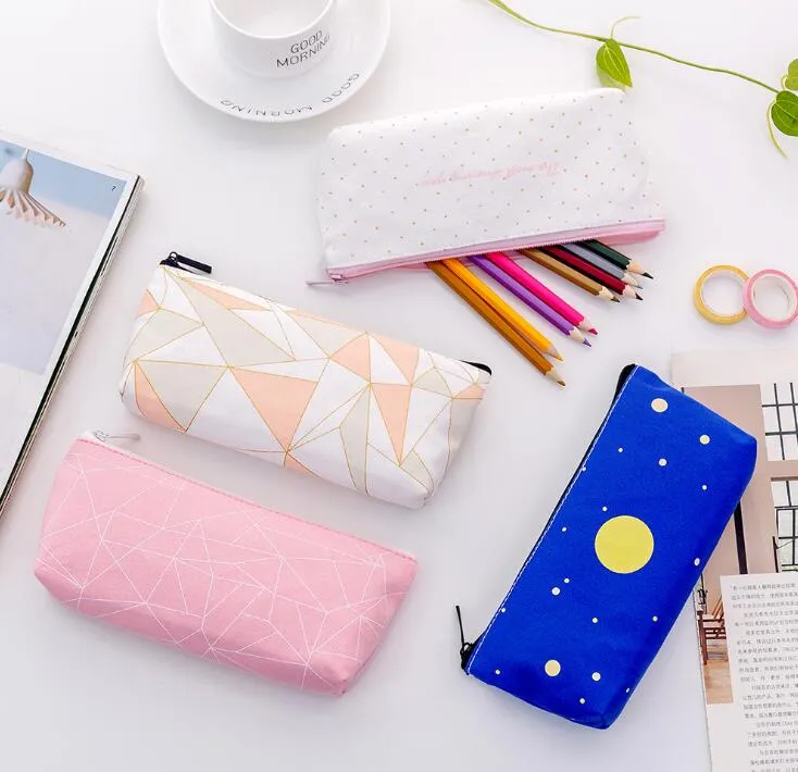 Fashion Canvas Cosmetic Pouch Student Stationery Night Sky Star Pattern Zippered Pencil Case cute Large Capacity Pencil Case storage bag