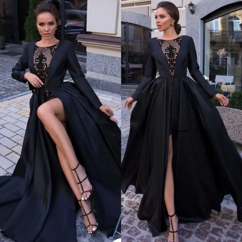 Long Sleeves Black Prom Dresses Lace Satin Front Slit Custom Made Scoop Neck A Line Floor Length Formal Evening Party Gowns