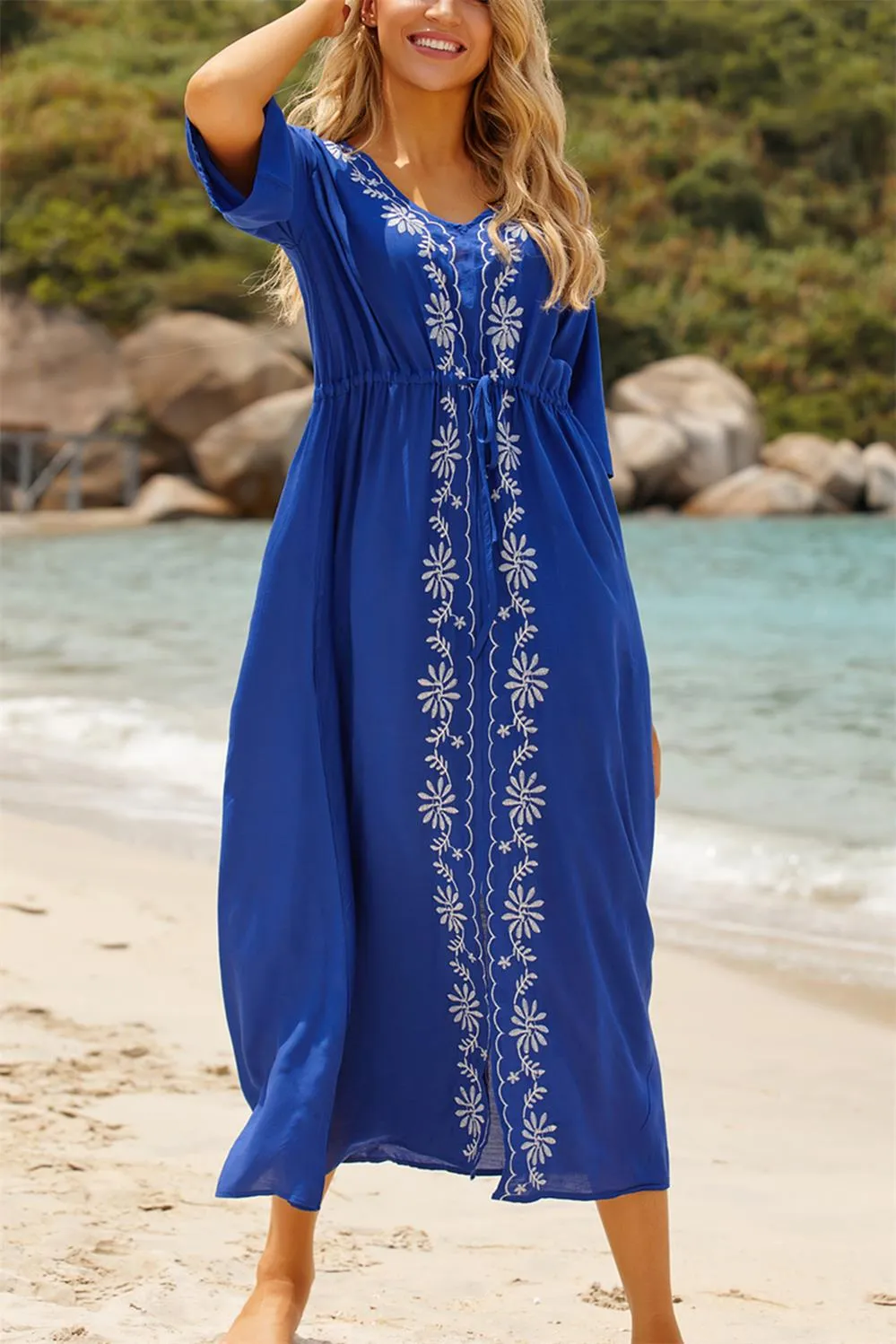 YouKD Summer Cotton Embroidered Floral Loose Caftan Boho Beach Bikini Cover Up Dress Plus Size Robe for Women