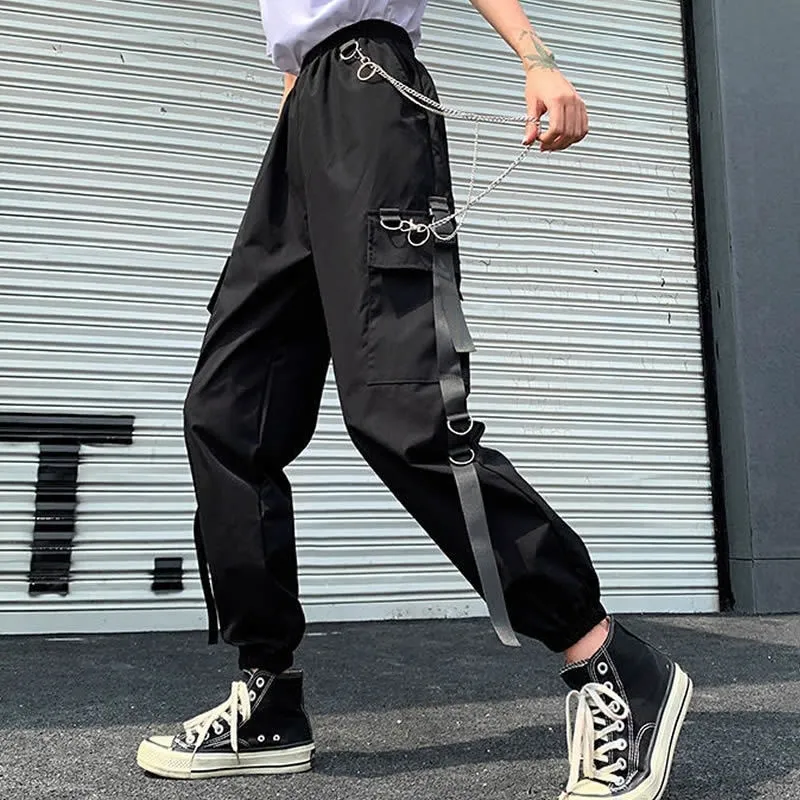 Womens Cargo Pants Buckle Ribbon Pocket Jogger Elastic Waist