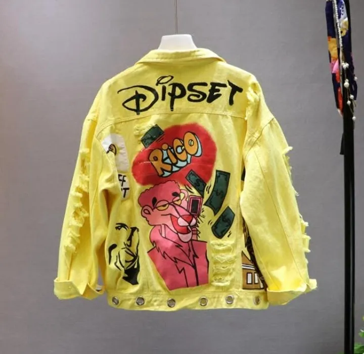 Harajuku Graffiti Denim Dope Ski Jackets With Ripped Holes For