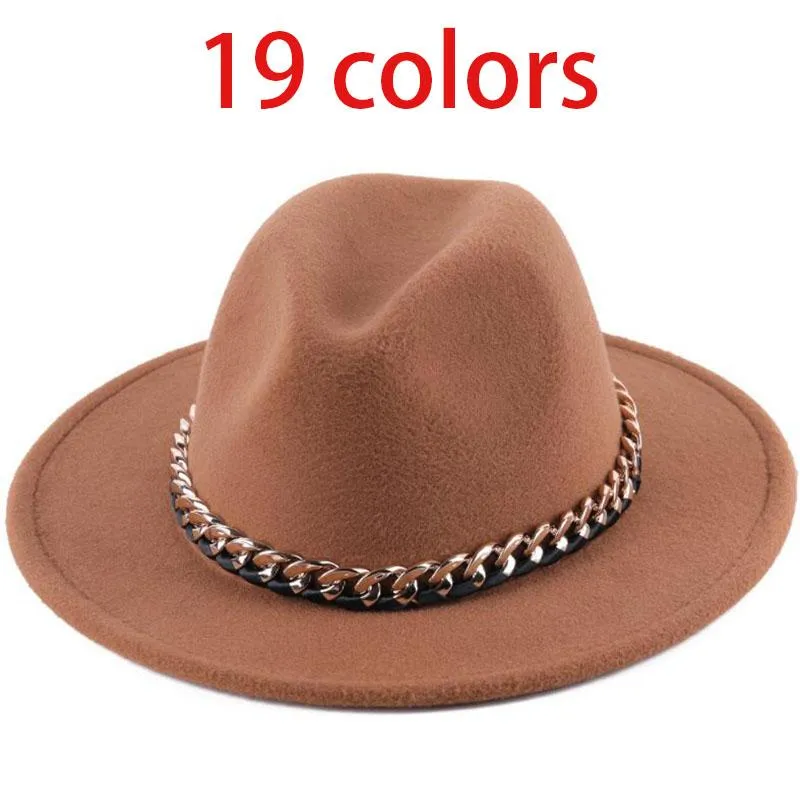Damskie kapelusze szerokie brzeg z grubym złotym pasm łańcucha opaste klasyczne beżowy kapelusz czarny kowbojskie czapki jazzowe luksusowe fedora damskie kapelusze