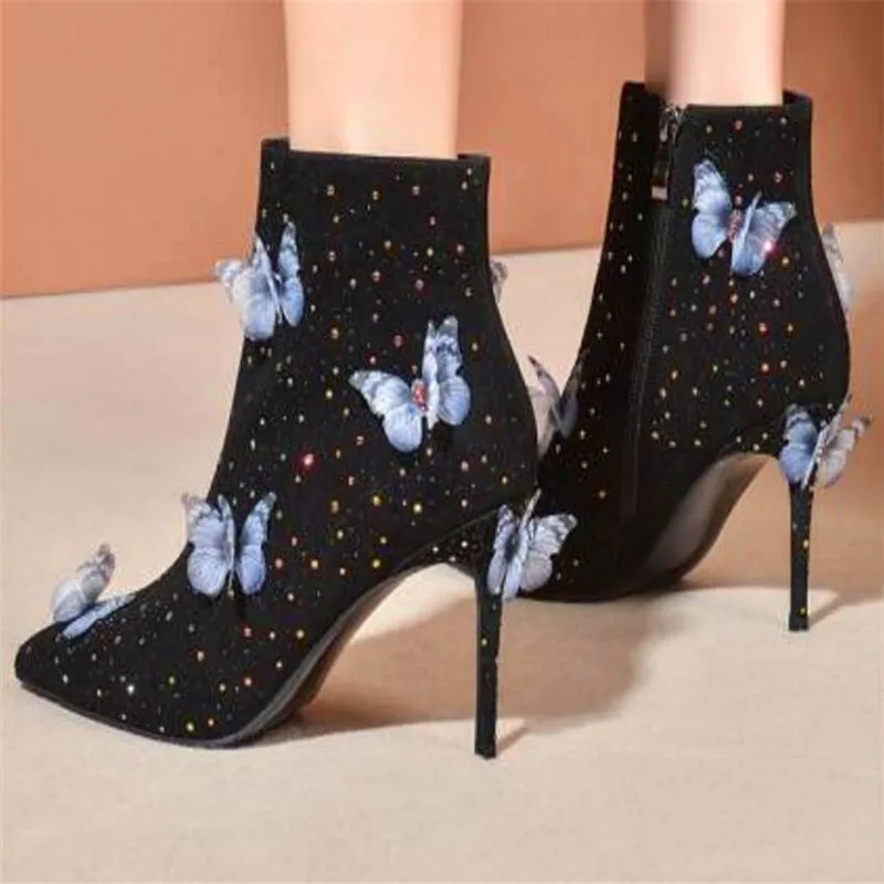 Hot Sale-Butterfly Appliqued Ankle Boots Pointed Toe Stiletto High Heel Black Suede Leather Shoes Formal Ladies Winter Party Shoes