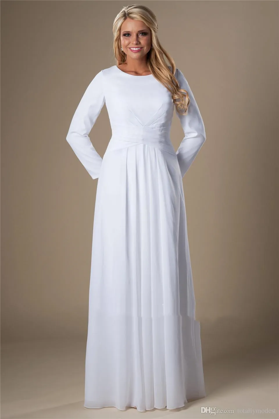 Modest A Line Chiffon Midi Wedding Guest Dress With Long Sleeves ...
