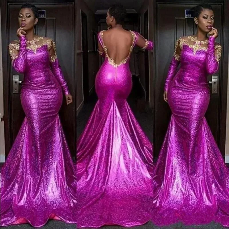 Fuchsia Африканский Sparkly Sexy Backless Вечерние платья Золото аппликациями Русалка платье с длинными рукавами блестками платье партии Vestidos